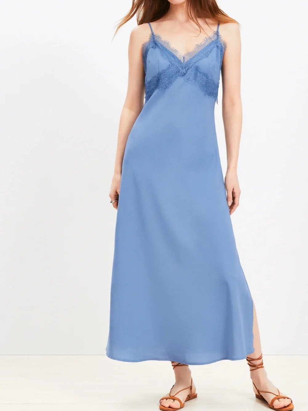LOFT Lace Trim Midi Slip Dress Precious Sapphire Blue NWT - Picture 3 of 9